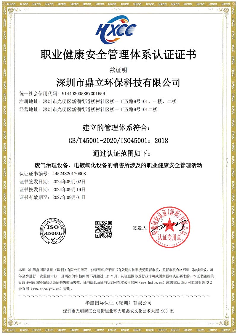 职业健康安全管理体系认证证书